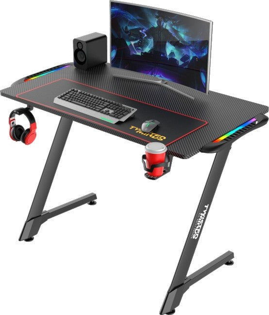 Twisted Minds Z Shaped Carbon Fiber Texture Gaming Desk, 106.5cm x 65.5cm x 11cm Dimensions, RGB Light, Headphone Hooks & Cup Holder, Black | TM-Z-1060-RGB