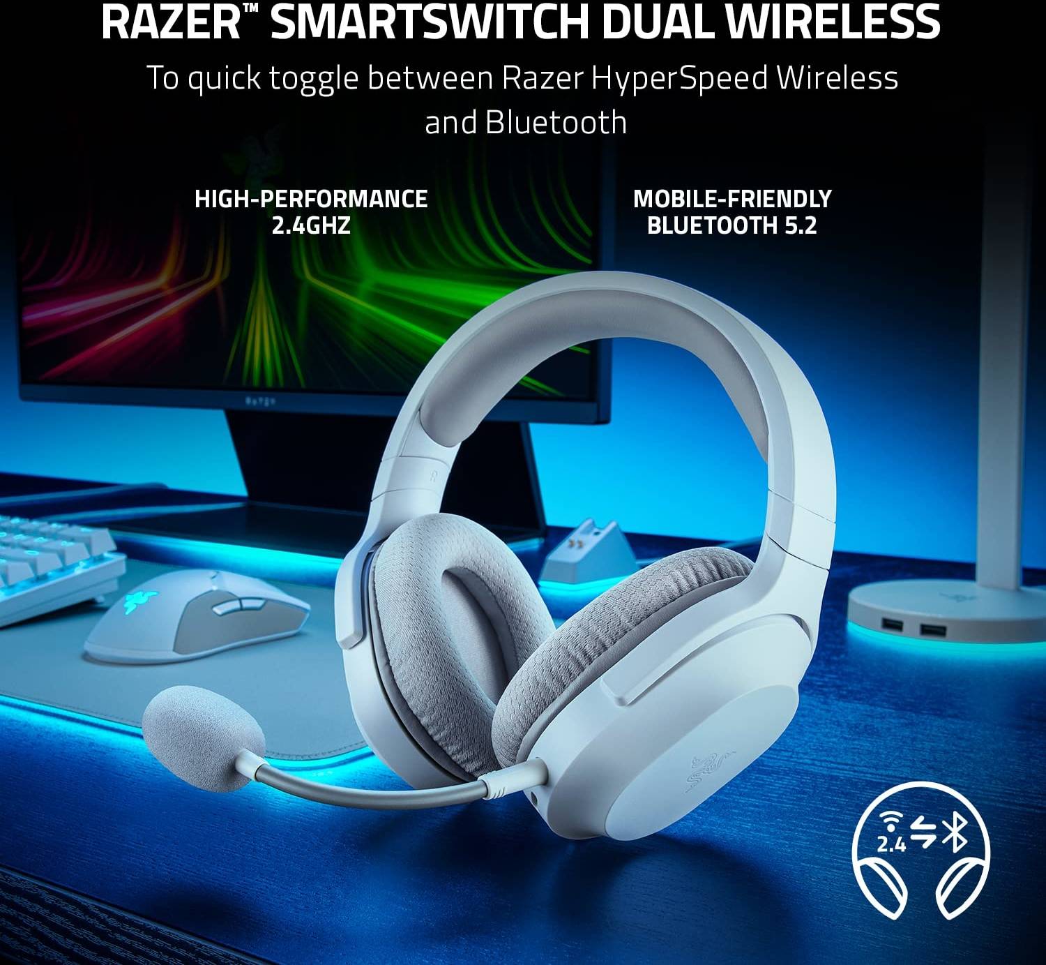 Razer Barracuda X Wireless Multi-platform Gaming & Mobile Headset 2022, USB-C/Wireless (2.4GHz), BT 5.2 Connect, 50H Battery, TriForce 40mm Drivers, 20 Hz-20 kHz Freq, Mercury