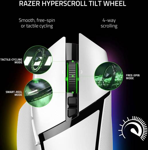 Razer Basilisk V3 Pro USB Wireless Optical Gaming Mouse, 30K DPI Optical Sensor, Chroma RGB Lighting, HyperScroll Tilt Wheel, 750 IPS Speed, 11 Programmable Buttons, White | RZ01-04620200-R3G1