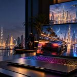 Illustrative 4K gaming laptop setup in Dubai with a futuristic game on screen