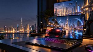 Illustrative 4K gaming laptop setup in Dubai with a futuristic game on screen
