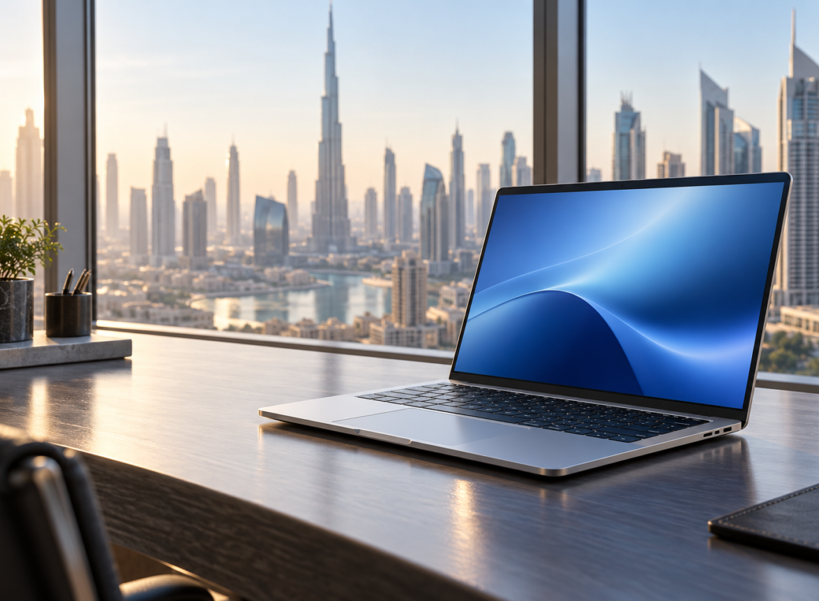 Illustrative 14-inch business laptop in a Dubai office with the city skyline in the background