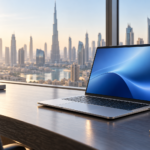 Illustrative 14-inch business laptop in a Dubai office with the city skyline in the background