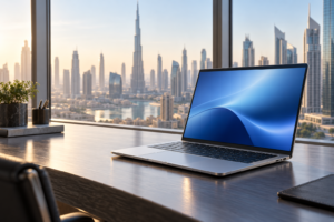 Illustrative 14-inch business laptop in a Dubai office with the city skyline in the background