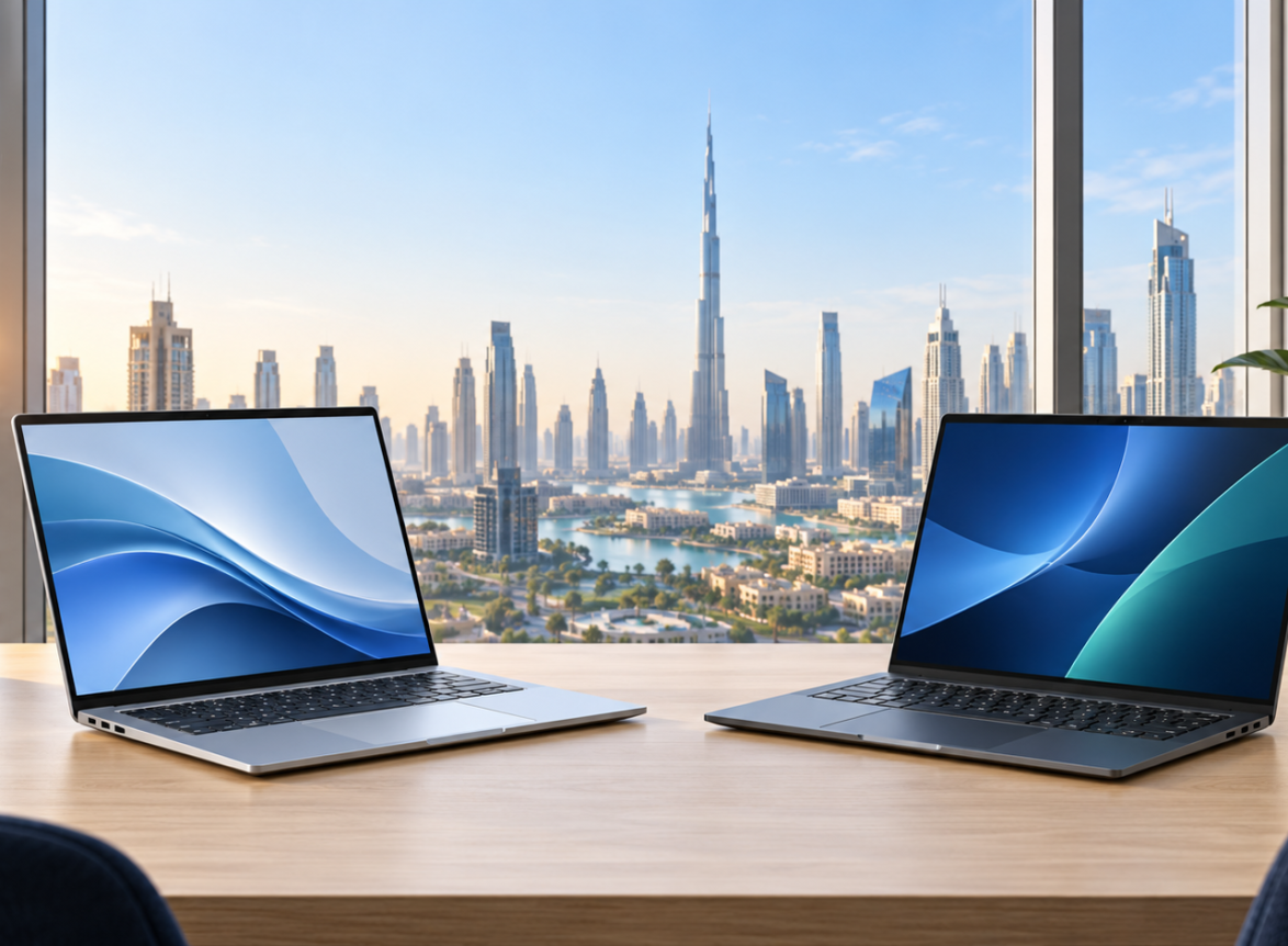 HP EliteBook 8 G1i and Dell Pro 14 Premium business laptops in a Dubai office