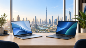 HP EliteBook 8 G1i and Dell Pro 14 Premium business laptops in a Dubai office