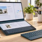 Lenovo Yoga Book 9 dual-screen laptop on a bright workspace in notebook mode