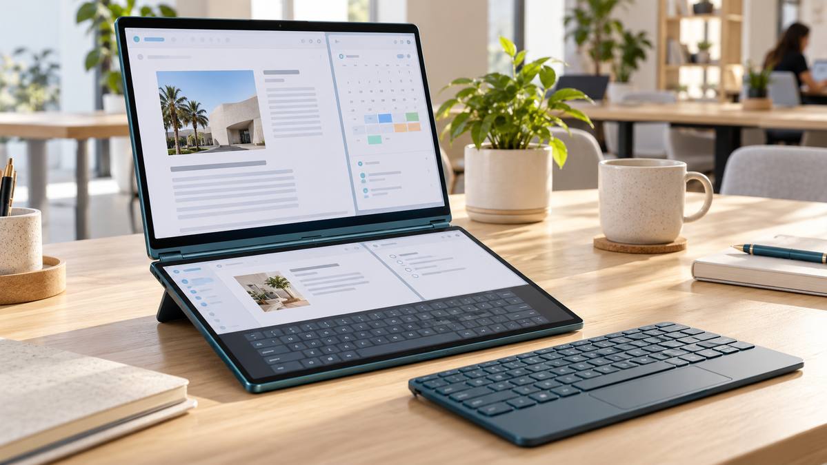 Lenovo Yoga Book 9 dual-screen laptop on a bright workspace in notebook mode