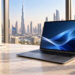 Editorial image of a graphite laptop on a desk in a Dubai office for the Samsung Galaxy Book6 review
