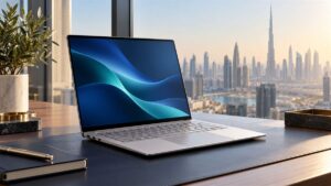 Platinum laptop on a Dubai office desk for a Surface Laptop 8 Snapdragon X2 Elite review