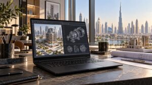 Illustrative mobile workstation displaying architectural and mechanical CAD models in a Dubai design studio