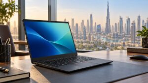 Illustrative black business laptop on a Dubai office desk for the ThinkPad X1 Carbon Gen 14 review